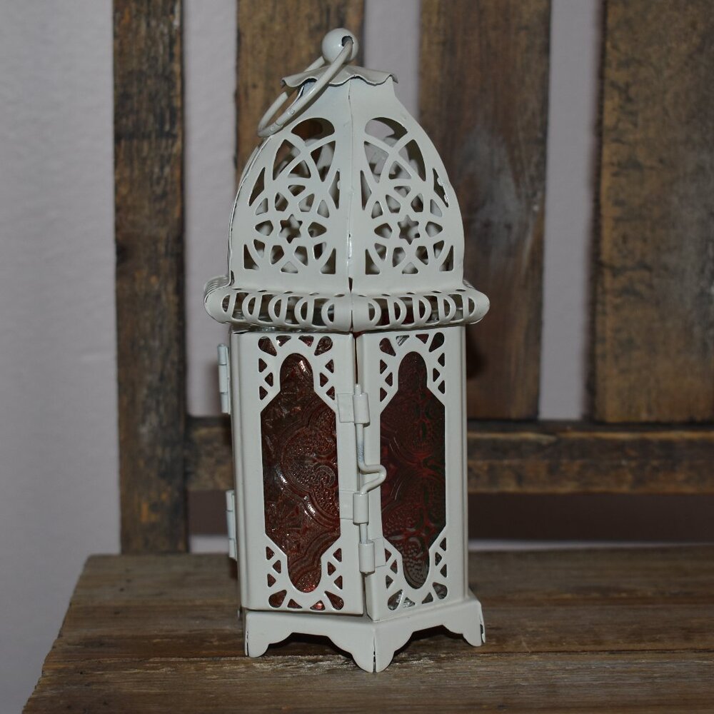 Small White Cutout Metal Colored Glass Lantern Candle Holder Vintage Home Decor